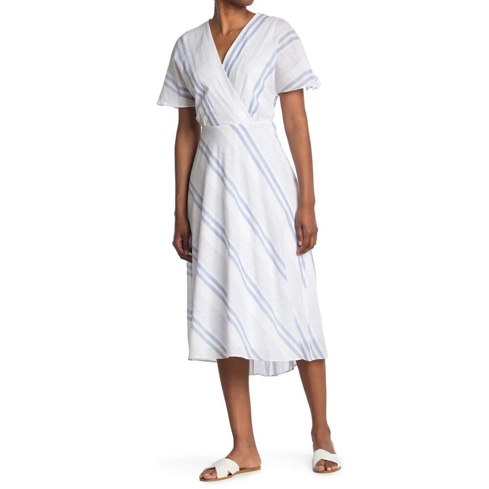 NWOT Sandra Darren Women Blue White Striped 100% Cotton Faux Wrap Dress size 24W